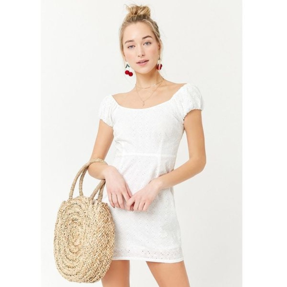 Eyelet Embroidered Fitted Peasant Neck Mini Dress